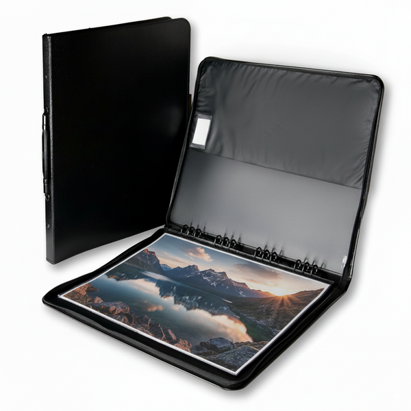 17" x 22" Premium Zippered Presentation Portfolio Case - Leather Handle, Integrated Multiring Binder with 10 Archival Pages (Expandable to 30)
