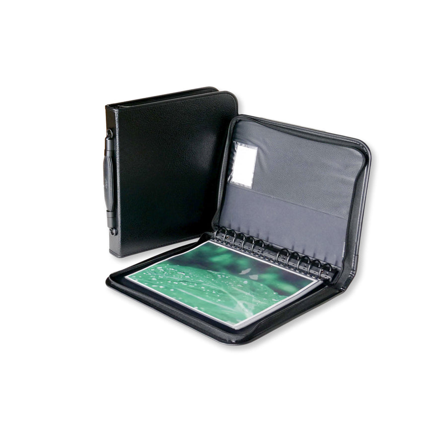 8.5" x 11" Premium Zippered Presentation Portfolio Case - Leather Handle, Integrated Multiring Binder with 10 Archival Pages (Expandable to 30)